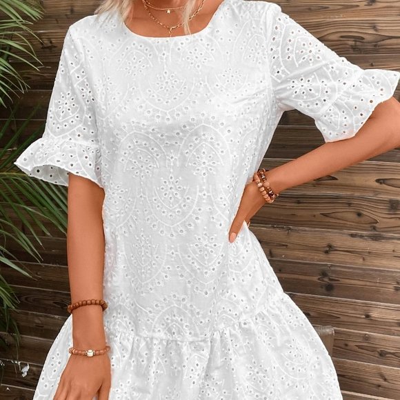 White Boho Womens Eyelet Embroidery Flounce Sleeve Ruffle Hem Smock Dress - Picture 4 of 4